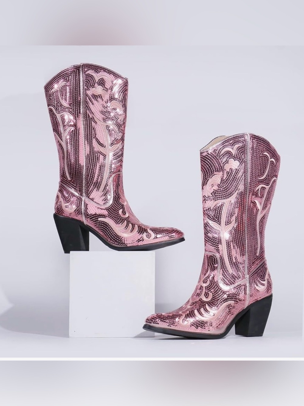 Hawkwell Pink Sequined Embroidered Western Heeled Boots